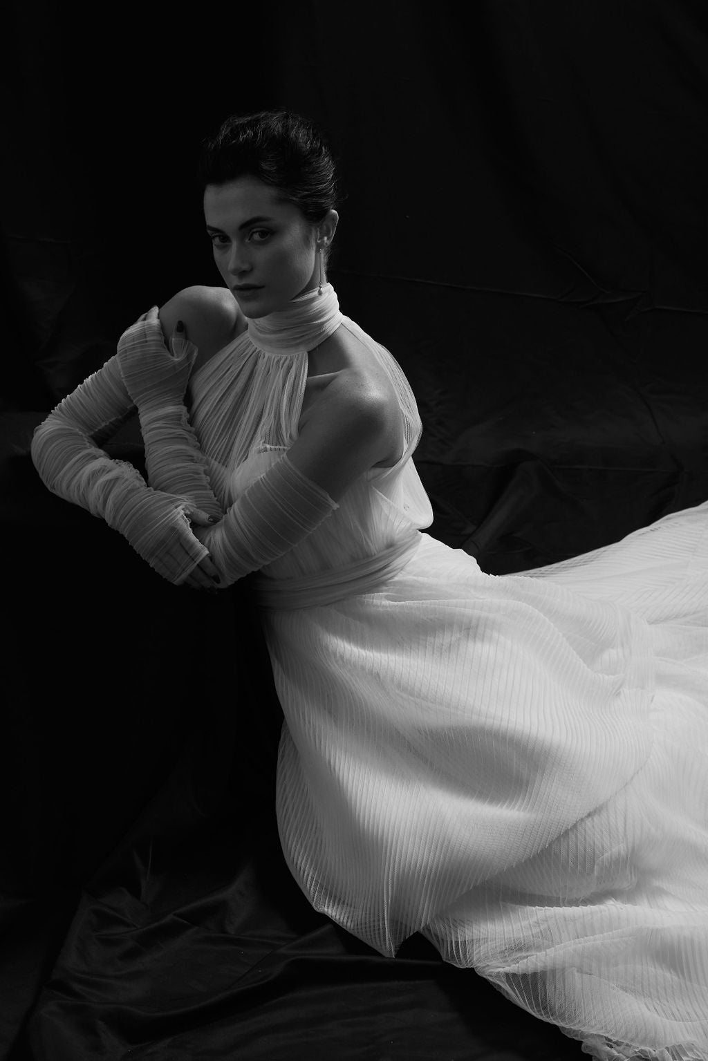Fingerless Plissé Bridal Gloves Ivory